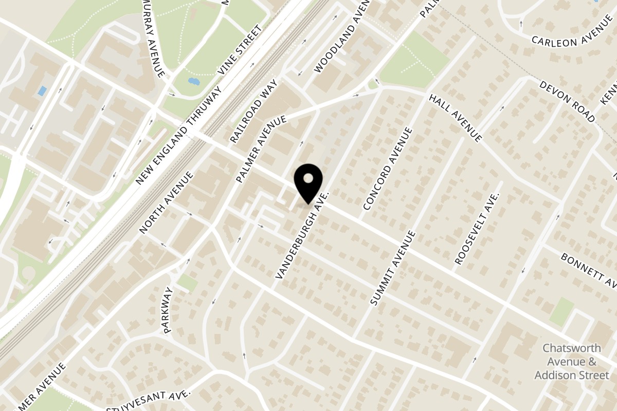 Map showing the location of Augie's Family Style Italian Restaurant on 94 Chatsworth Ave in Larchmont